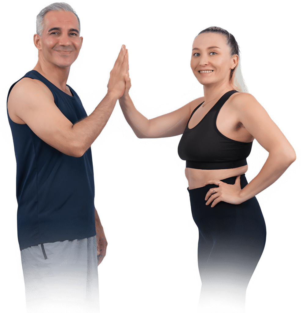 product promotional template showing a man and women clapping with each other ,signifying fitness